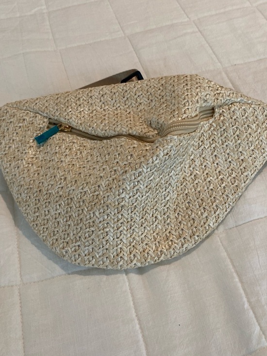 Handbags - Woven Faux Straw Crossbody Bag in Natural Cream with Teal Accent